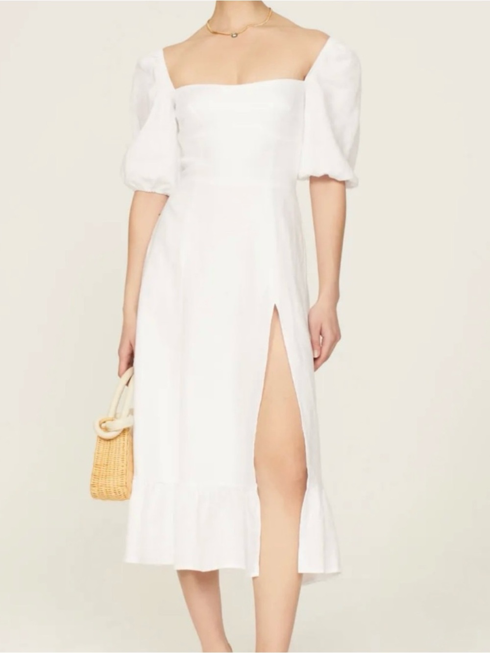 Reformation Linen Ivory Puff-Sleeve Midi Dress
